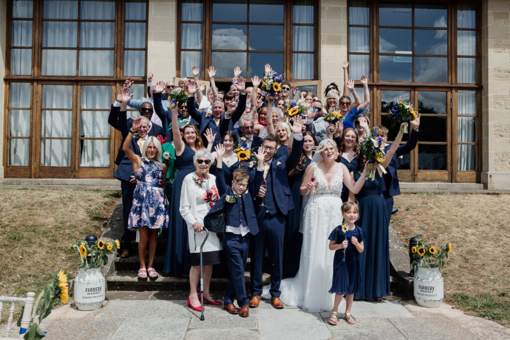 Group photos of guests at a wedding